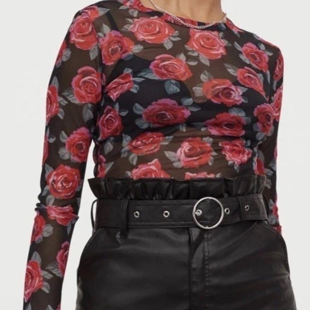 👚 🌹 H&M Mesh Floral Top Blouse Black Red Roses XS S 2 4 See-Through Trendy